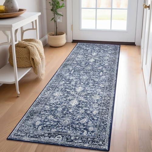 KILOCOCO Hallway Runner 2x5 Printed Vintage Floral Washable Kitchen Runner Rug Non-Slip Runners for Hallways Distressed Boho Runners for Bedroom Laundry Room, Navy Blue - color: Blue/Navy/White, size: 2' x 5' (Runner)