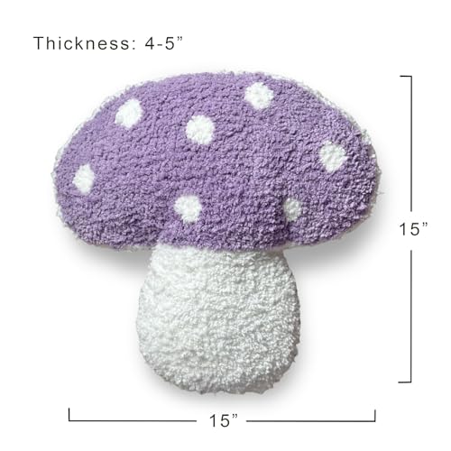 Mushroom Throw Pillow Tufted Decorative Cushion 15” x 15” – Decor for Bed, Couch, Living Room (Purple) - color: Purple