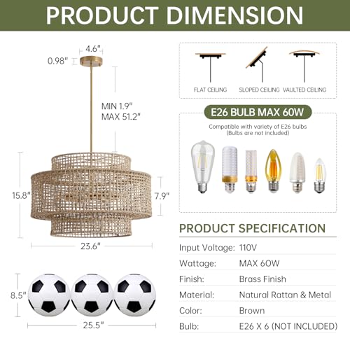 24” Rattan Chandelier for Dining Room, Large Boho 6-Light Rustic Chandeliers Light Fixture with Wicker Shade, Hand Woven Farmhouse Pendant Lighting for Kitchen Bedroom, Living Room, Foyer - color: Linen, size: 24" 6-Light
