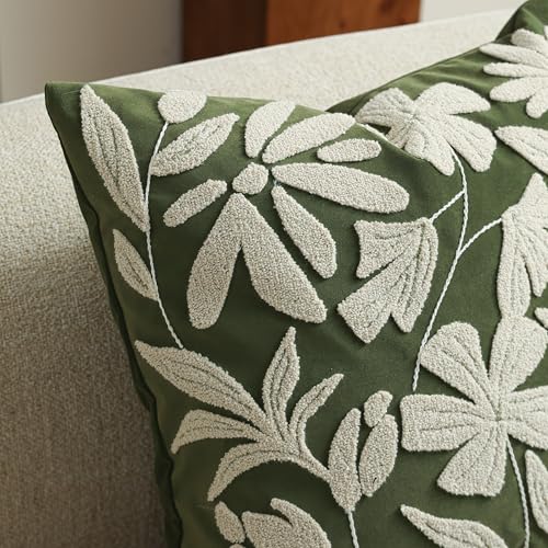 BlissBlush Decorative Lumbar Pillow Cover 12x20 Inch, Olive Green Floral Tufted Velvet Accent Pillow Case for Sofa Bed Living Room, Cover Only - color: Olive Green, size: 20" x 12" (Pack of 1)