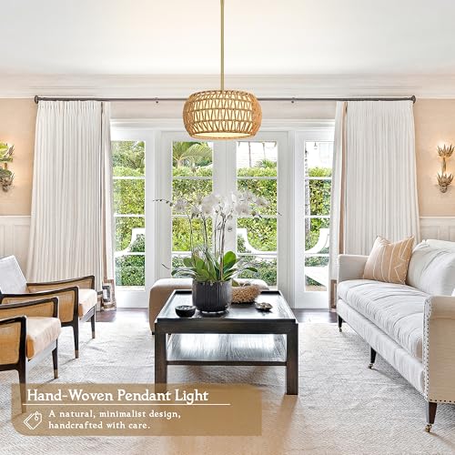 12.6 inch Natural Rattan Light Fixture Rattan Farmhouse Light Fixture Hand-Woven Pendant Lights Fabric Shade Boho Chandelier for Kitchen Dinning Room (Bulb Incl.) - color: 12.6"-Natural-Drum