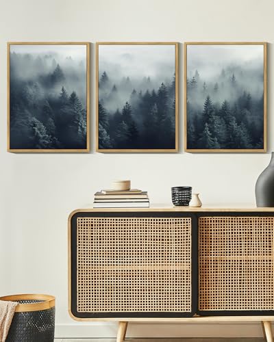 KUVIOKE Blue Fog Pine Tree Framed Wall Art Nature Nordic Forests Artwork Morden Painting Home Decor 11x14in (Natural Framed) - color: Blue Forest, size: 11 x 14in x 3 Panels Natural