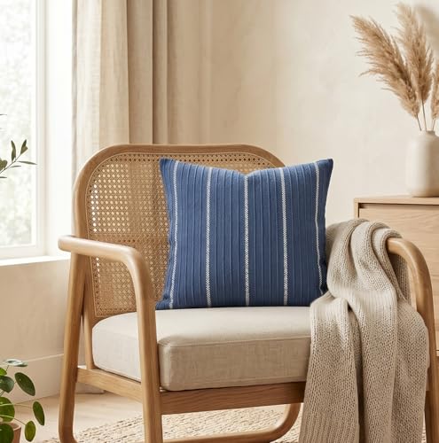SanVia Cotton Throw Pillow Covers 20x20 – Handwoven Jacquard Texture, Fade-Resistant, No Pilling – Hidden Zipper, Decorative Cushion Cover for Sofa, Couch, Bed – Insert Not Included (Striped, Blue) - color: Navy Blue, size: 20" x 20"