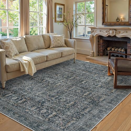 Collive Washable Area Rug 6x9, Large Vintgae Distressed Rugs for Living Room Soft Rugs for Bedroom, Non Slip Ultra-Thin Dining Room Floor Carpet for Entryway Kitchen Office - Blue/Grey - color: Blue/Grey, size: 6' x 9' (Rectangular)