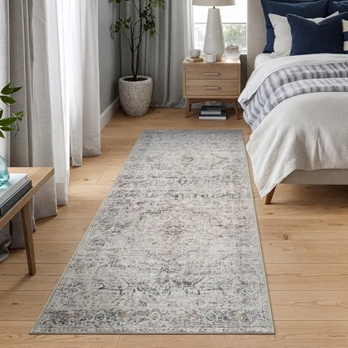 Bloom Rugs Caria Washable Non-Slip 7 ft Runner - Ivory/Gray/Caramel Traditional Runner for Entryway, Hallway, Bathroom, and Kitchen - Exact Size: 2'6" x 7' - color: Ivory / Gray / Caramel, size: 2'6" x 7' (Runner)