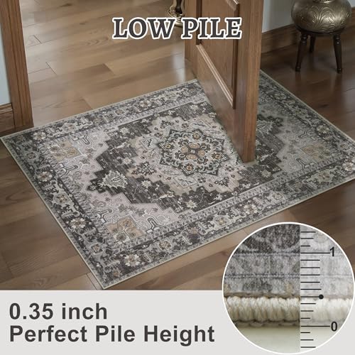 Tangsoo Vintage 2x3 Washable Rug for Entryway, Non Slip Small Area Rug, Oriental Indoor Front Door Rug, Print Door Mat Small Carpet, Soft Low Pile Rugs for Entrance Kitchen Bedroom Home Decor - color: Brown/Grey, size: 2' X 3' (Rectangular)