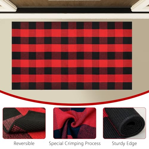 Buffalo Plaid Area Rug, Checkered Rug 3x5 Ft, Black and Red Rug, Washable Cotton Mat for Front Porch, Entryway, Kitchen, Living Room, Christmas Decor - color: Black & Red, size: 3' x 5' (Rectangular)