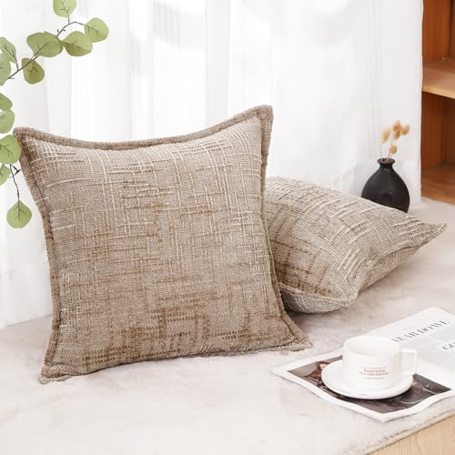 HPUK Fall Chenille Soft Throw Pillow Covers 18x18 Set of 2, Accent Cushion Covers for Living Room, Bedroom, Decorative Solid Color Pillow Covers for Couch, Sofa, Chair, Light Brown - color: Chenille-light Brown, size: 18" x 18" (Pack of 2)
