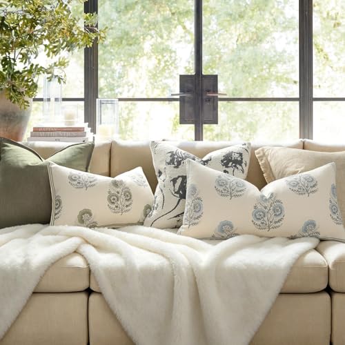Vintage Floral 14x36 Lumbar Pillow Cover for Bed Pack of 1, Double-Sided Botanical Print Decorative Long Pillowcase Farmhouse Cushion Cover for Sofa Couch Living Bed Room, Light Blue (Cover Only) - color: Light Blue, size: 36" x 14" (Pack of 1)