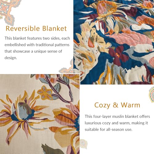 Bailix Boho Throw Blanket for Couch Sofa Bed, 100% Cotton Woven Quilt with Tassel 50”x60”, Super Soft Muslin Blanket with Floral Printed, Decorative Reversible Bed Blanket/Cover for All Seasons - color: F - Boho Floral, size: Throw-50" X 60"