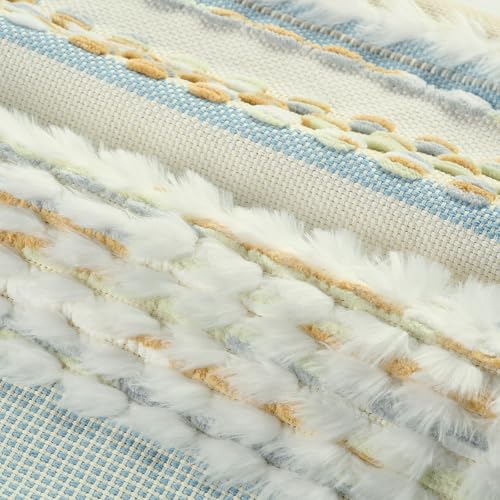 FUTEI Pack of 2 Boho Chenille Decorative Throw Pillow Covers 18x18 Inch Soft Plush Tufted Striped Textured Cushion Case,Farmhouse Accent for Couch Bed Living Room, Grey Blue Mustard - color: Grey Blue+light Green+mustard Yellow, size: 18" x 18" (Pack of 2