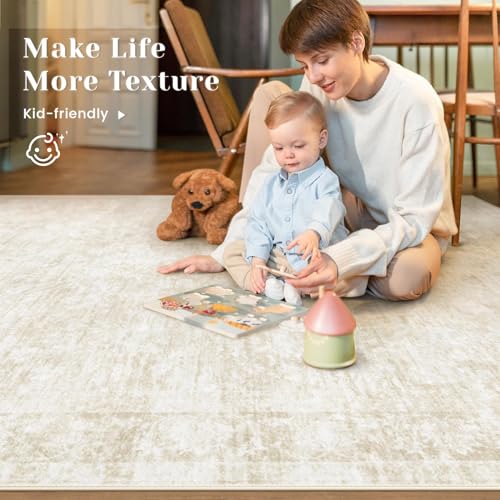 6x9 Area Rugs for Living Room: Washable Vintage Floral Rug Low Pile Non-Slip Boho Carpet for Bedroom Nursery Dining Room (Beige, 6'x9') - color: Beige, size: 6' x 9' (Rectangular)