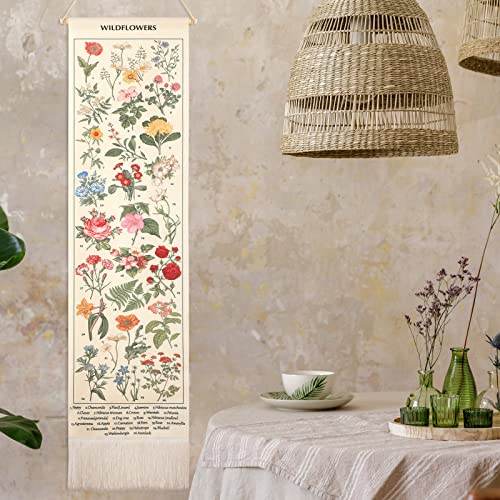 Geetery Vintage Floral Vertical Tapestry Wall Hanging Decor Long Flower Narrow Botanical Fabric Wall Art Hanging Reference Illustrative Tassel Tapestry for Bedroom Living Room Home Decor Gift(White) - color: White, style: Floral