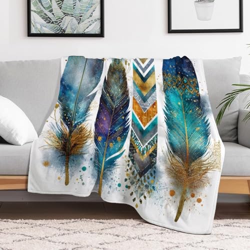 Blanket Feather Pattern Blue Throw Blanket for Women Men, 30"x40" Vintage Watercolor Gold Branch Plush Flannel Throws, Decor for Bed Couch Bedroom - color: Feather Pattern Blue, size: 30"x40"