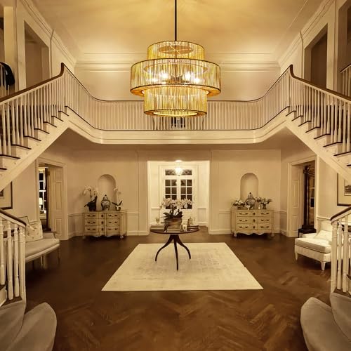 25.59" Large Hand-Woven Rattan Chandelier, 6 Lights Farmhouse Boho Chandelier Light Fixtures, Rustic Bamboo Wicker Chandeliers for Dining Room, Kitchen Island, Living Room, Stairway - color: Beige, size: 25.59 Inch