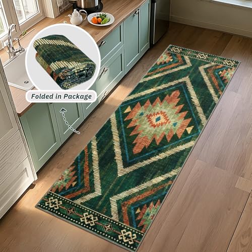 Runner Rugs for Hallway Boho 2x6Ft Non Slip, Green Moroccan Washable Farmhouse Kitchen Rug Runner Non Slip, Soft Geometric Bedroom Entryway Floor Carpet for Entrance Home Decor - color: Green, size: 2' x 6' (Rectangular)