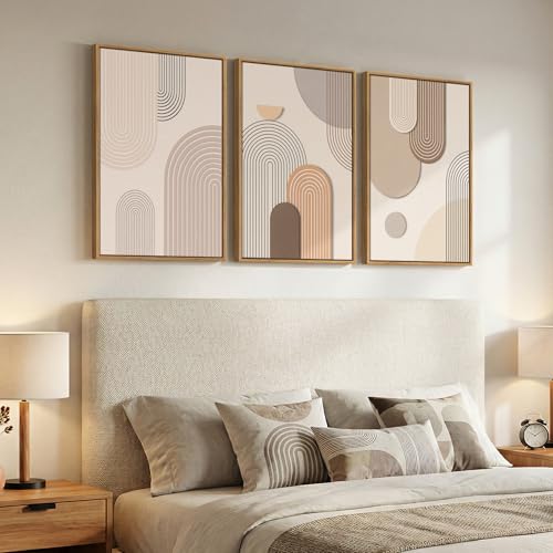 3 Piece Framed Neutral Boho Wall Art for Living Room, Large Minimalist Abstract Canvas Artwork for Walls, Mid Century Modern Beige Geometric Prints Paintings for Bedroom Hallway Wall Decor 16x24 Inch - color: Beige, size: 24" H x 16" W x 3Pcs