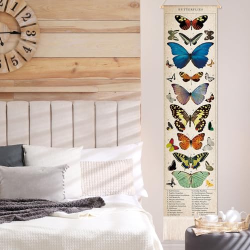 Geetery Vintage Butterfly Vertical Tapestry Wall Hanging Long Narrow Wall Art Fabric Butterfly Wall Hanging Reference Illustrative Botanical Tassel Tapestry Long Vertical Wall Decor for Home Decor
