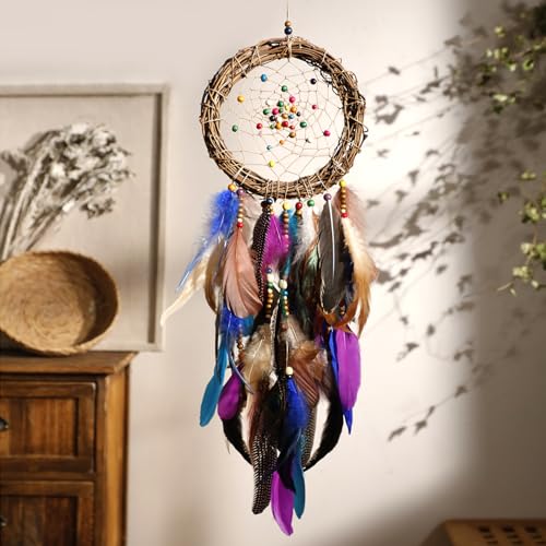 Dream Catcher Native American Boho Dreamcatcher Rattan Wall Decor, Handmade Natural Peacock Feathers Purple Colorful Beaded Hanging Ornament Indian Decor for Girls Bedroom(Purple Peacock Feather) - color: Purple Peacock Feather