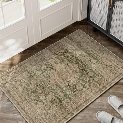 2x3 Washable Area Rug Green Brown Vintage Non Slip Soft Low Pile Small Rug for Entryway Kitchen Bathroom Distressed Oriental Throw Carpet for Living Room Bedroom Home Decor - color: Green/Brown, size: 2' x 3' (Rectangular)