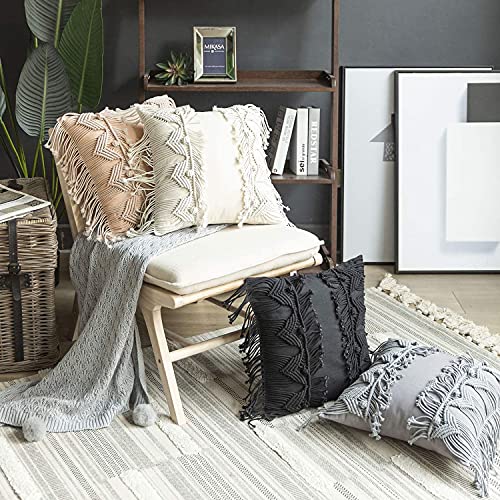 Phantoscope 100% Cotton Handmade Symmetry 3D Crochet Woven Boho Throw Pillow Farmhouse Pillow Insert Included Decorative Cushion for Couch Sofa Grey 18 x 18 inches 45 x 45 cm - color: Grey
