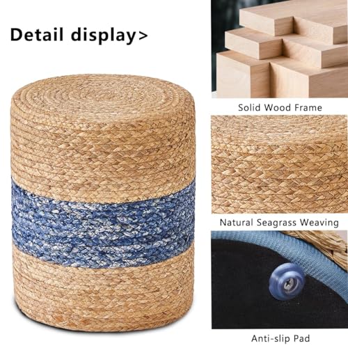 Wimarsbon 2Pcs Pouf Ottomans, Natural Seagrass Foot Stool, Hand Weaving Round Ottoman, Boho Decorative Seat, Jute Braided Pouffe Poof Accent Sitting Footrest for Living Room (Blue-2) - color: 14inch Water Hyacinth Braid & Blue Corn Shell