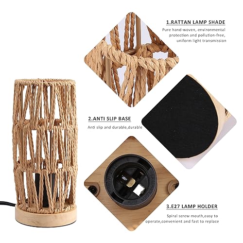 Bamboo Rattan Table Lamp for Living Room, Boho Handmade Woven Cylinder Lampshade Standing Lamp with Natural Wooden Base, Industrial Wicker Desk Light Decoration for Bedroom, Farmhouse