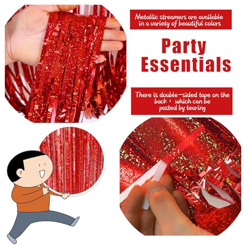 3 Pack Red Streamers Party Backdrop Christmas Decorations Foil Fringe Backdrop Curtains Carnival Casino Theme Birthday New Year Holiday Celebration Bachelorette Party Decorations Supplies - color: Red