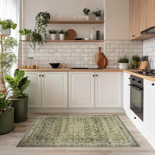 Vintage Design Floral Area Cream Rug Distressed Carpet Washable Non Slip Rug Kitchen Bedroom Dining Room 3x5 Cover Print,Tan Brown and Cream Beige - color: Olive&tan, size: 3' x 5' (Rectangular)