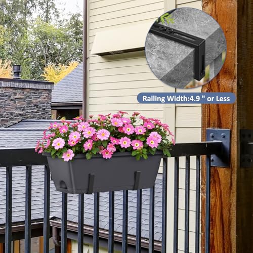 CADUKE 4 Pack Railing Planter Box Grey Window Flower Boxes with Brackets Hanging Fence Planters Plastic Outdoor Deck Railing Planter Boxes for Balcony Patio Garden - color: Gray