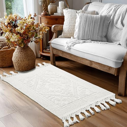 COTTON CRAFT Woven Area Rug - 2 Pack Cotton Jacquard Textured Rug - Boho Farmhouse Rustic Throw Rug with Fringe - Machine Washable Accent Mat for Bedroom Living Room Entryway Nursery - 20x32 - White - color: White - 2 Pack, size: 1'8" x 2'8" (Rectangular)