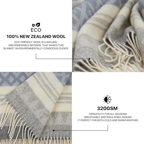 | Wool Blanket/Throw | 100% New Zealand Wool | Perfect for Home and Outdoors | Virgin Wool Throw with Fringes 75"x87" (190 x 220 cm) - color: Blue/Gray/Milky, size: Full