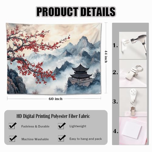 keowhsf Japanese Tapestry Aesthetic Wall Decor – Watercolor Ink Landscape with Red Plum Blossoms and Misty Mountains, Asian Art Hanging for Bedroom, Living Room, Dorm - color: Ink, size: 60"L x 44"W