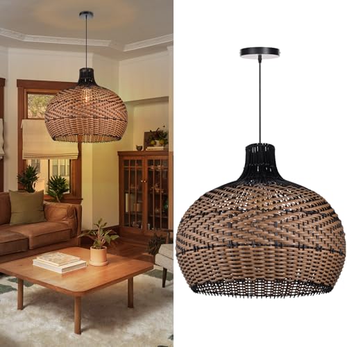 Arturesthome 1 Light Rattan Pendant Light Fixtures for Kitchen Island, 23.6" Wicker Chandelier, Handwoven Hanging Ceiling Lighting Lampshade for Dining Room Hallway Black - size: 23.6" x 21.6"