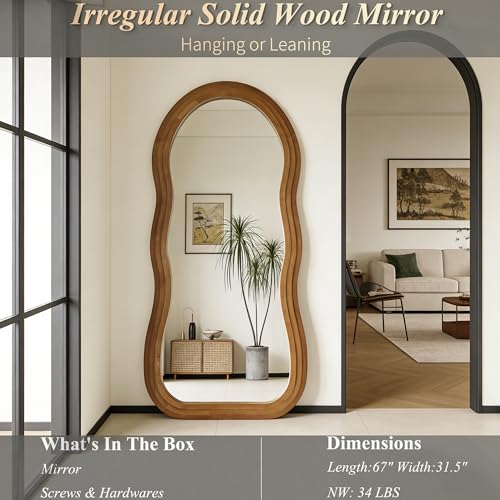 Wavy Full Length Mirror, 67"x31.5" Organic Floor Mirror with Triple-Layer Solid Wood Frame, Large Irregular Aesthetic Mirrors for Entryway Hallway Cloakroom Living Room, Leaning/Hanging - color: Natural Wavy Frame, size: 67"L x 31.5"W