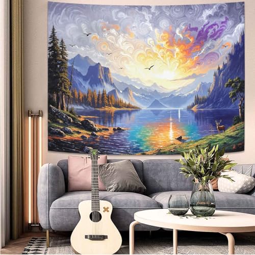Wegklazax Sunset Lake Tapestry, Scenic Mountain Forest Wall Art for Room Decor, Vibrant Nature Home Decor 90" L x 70" W - color: White Blue, size: 90"L x 70"W