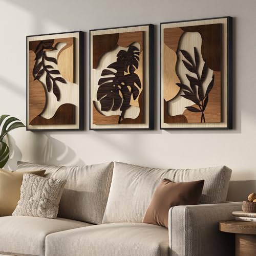 Framed Wood 3D Boho Textured Wall Art Bedroom, 3 Piece Tropical Botanical Carved Wooden Artwork for Walls, Brown Monstera Leaf Wood Wall Art Decor for Living Room Dining Room Home Office, 16x24 Inch - color: Brown, size: 16" W x 24" H x 3Pcs