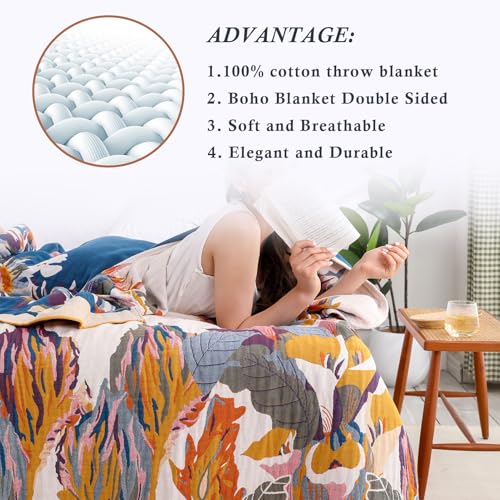 Snycler Boho Throw Blanket for Bed - 100% Cotton Ultra Soft Rustic Quilt - Watercolour Floral Printed Farmhouse Decor Bed Fall Blankets, 60"×80" All Season Rustic Throw for Sofa Couch Chair - color: Watercolour Floral, size: 60"x80"