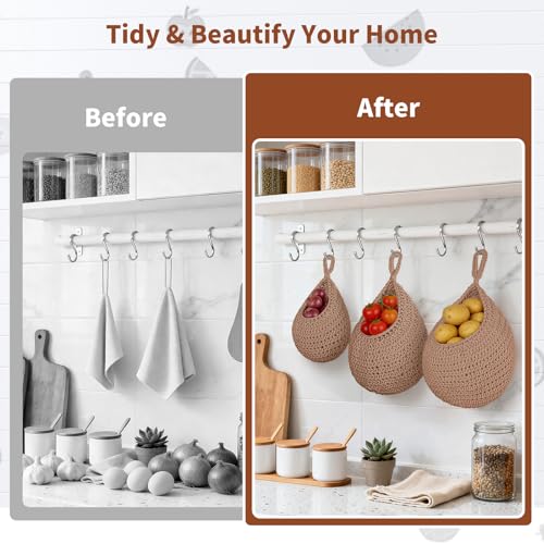 3 Pack Hanging Fruit Baskets with Hooks, Handwoven Cotton Wall Storage Baskets for Fruit Vegetable Plant 3 Sizes, Boho Decor Hanging Holder Teardrop Produce Basket for Kitchen Storage, Brown - color: Brown, size: 3 Pack