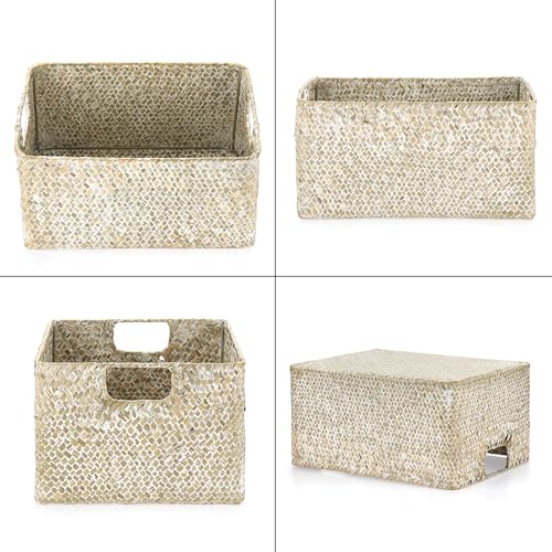 Hipiwe Seagrass Storage Basket Bin Rectangular Handwoven Wicker Storage Box with Handle Opened Baskets for Shelf Organizing Closet Bathroom, 13.3 x 9.8 x 6.7 Inch - color: Whitewash, size: Medium,13.4"x9.4"x 6.7"