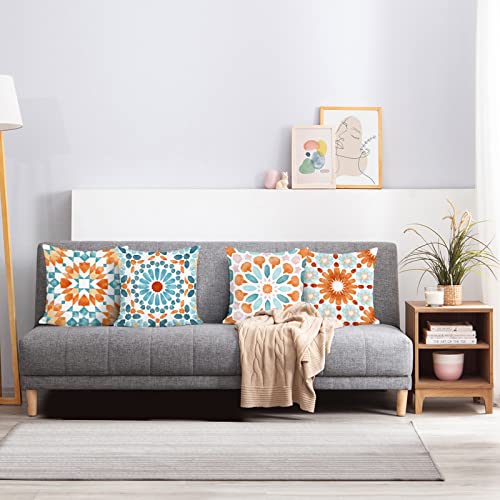 Bonhause Boho Outdoor Pillow Covers 18x18 Inch Set of 4 Orange Mandala Decorative Throw Pillow Cases Soft Velvet for Sofa Couch Garden Bedroom Home Decor - color: Orange & Blue, size: 18" x 18" (Pack of 4)