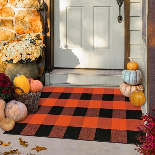 Buffalo Plaid Rug Small Checkered Rug 2x3 Orange and Black Front Door Mat, Christmas Halloween Thanksgiving Washable Fall Doormat Cotton Outdoor Rug for Front Porch Entryway Patio Bathroom - color: Black and Orange, size: 2‘×3’