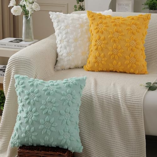 DFXSZ Spring Summer Pillow Covers 16x16 inch Set of 2 Farmhouse Decor White Flower Heart Sunflower Yellow Soft Plush Faux Fur Jacquard Throw Pillows for Sofa Holiday Spring Home Decor PTK024D16 - color: Yellow, size: 16" x 16" (Pack of 2)