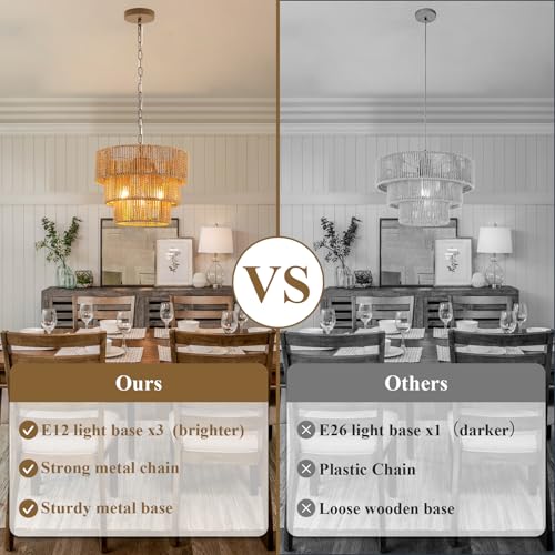 Rattan Pendant Light Fixtures,11.8" Boho Hanging Lamp for Kitchen Island,3-Light Hand-Woven Chandelier Height Adjustable,Natural Wicker Lamps for Dining Room Living Room Bedroom Hallway Entryway,Brown - color: 11.8" Brown