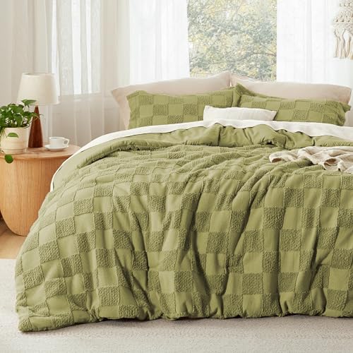 Bedsure Queen Size Comforter Set Olive Green, Boho Tufted Bed Set, Checkered Farmhouse-Style Distressed Vintage Bedding, 3 Pieces, 1 Plaid Geometric Comforter and 2 Pillow Shams - color: 02 - Olive Green - Tufted Checkboard, size: Queen