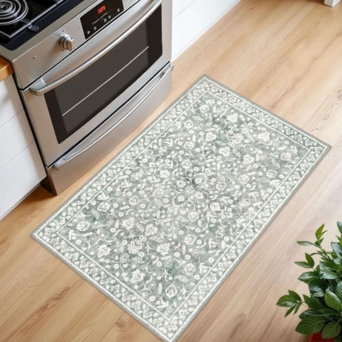 Vintage Washable Rug 2x3, Sage Green Grey Small Area Rugs for Entryway, Floral Super Soft Kitchen Rugs, Low-Pile Throw Rugs Indoor Door Mat Thin Print Faux Wool Carpet for Entrance, Office - color: Grey With Light Sage Green, size: 2' x 3' (Rectangular)