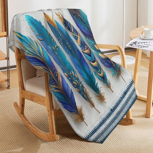 Blanket Boho Feather Gold Ornament Throw Blanket for Women Men, 60"x80" Blue Geometric Pattern Border Plush Flannel Throws, Decor for Bed Couch Bedroom - color: Boho Feather Gold Ornament, size: 60"x80"