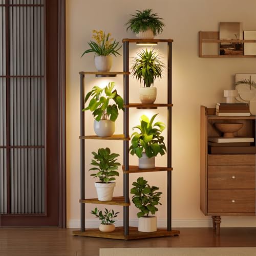 iDavosic.ly Tall Plant Stand with Grow Lights for Large & Heavy Duty Planters, 6 Tier Indoor Corner Flower Shelf with Wooden Trays & Metal Frame, Orchid Rack for Living Room Balcony, Black & Brown - size: 6 Tier with Light