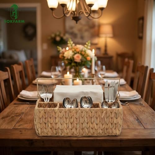 Water Hyacinth Woven Storage Basket with 5 Compartments – Divided Wicker Organizer Tray with Thin Foldable Handle for Kitchen Countertop, Bathroom, Office Desk, Dining Caddy. Natural Chunky Weave