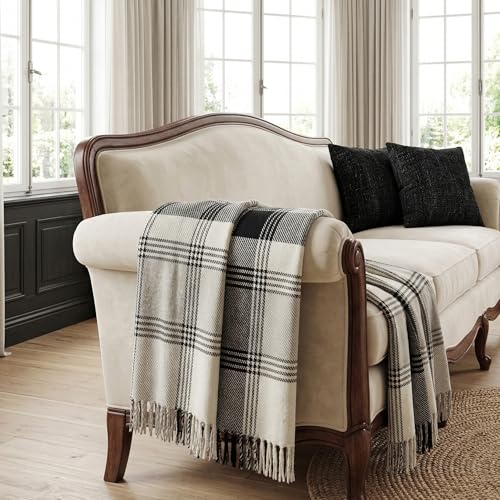 Americanflat 50x60 Throw Blanket - Soft and Breathable Cotton Throw Blanket for Couch, Bed, Chair - Decorative Blankets Perfect for Home, Office, or Outdoor Use - Black and Beige Plaid Design - color: Beige Black Plaid